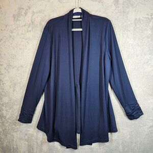Susan Graver Premier Navy  Womens L Open Cardigan Ruched Sleeves liquid silk